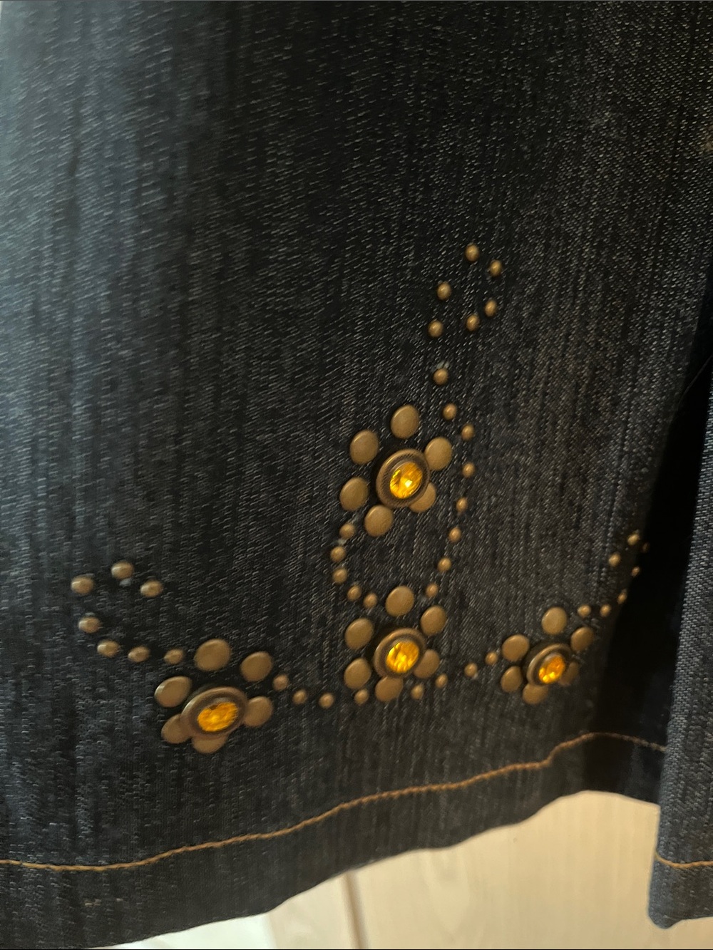 Dark Blue Denim A-Line Skirt with Decorative Stud and Bead Accents - Picture 7 of 11